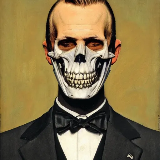 Image similar to frontal portrait of a suited blond with medical gloves and a skull face mask, by Gerald Brom and Norman Rockwell