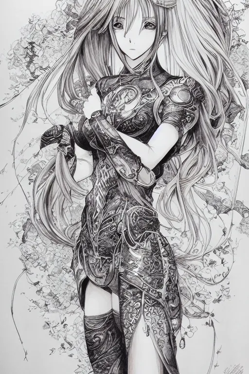 Prompt: anime woman, pen and ink, intricate line drawings, art by krenzcushart, by yoshitaka amano, kentaro miura, artgerm, wlop,