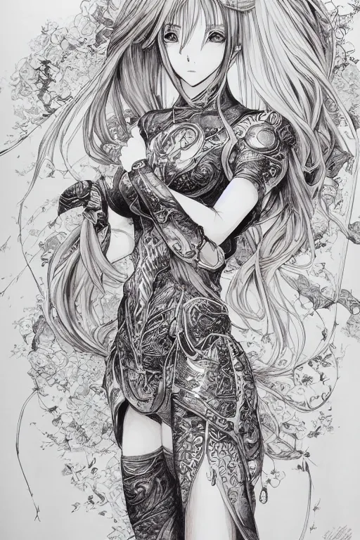 anime woman, pen and ink, intricate line drawings, art, drawn anime