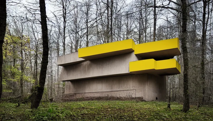 Prompt: architecture ad for a brutalist house in the middle of the wood. Film grain, cinematic, colorized, yellow hue.