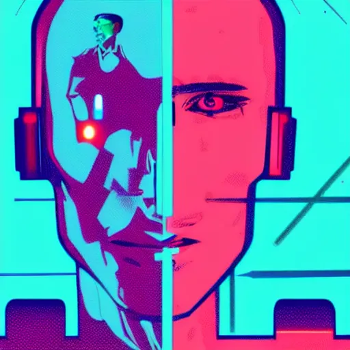 Image similar to cyborg half human, synthwave art