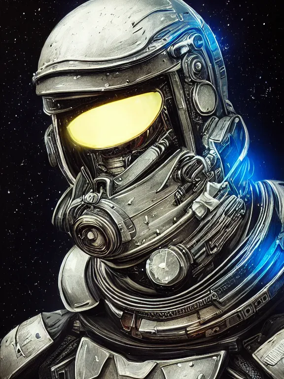 Image similar to portrait art of 8k ultra realistic retro futuristic undead astronaut, helmet visor open, glow around helmet, deep space , detailed intricate ornate armour,blade runner, cybernetic, full of colour, cinematic lighting, trending on artstation, 4k, hyperrealistic, focused, extreme details,unreal engine 5, cinematic, masterpiece, art by ayami kojima, giger