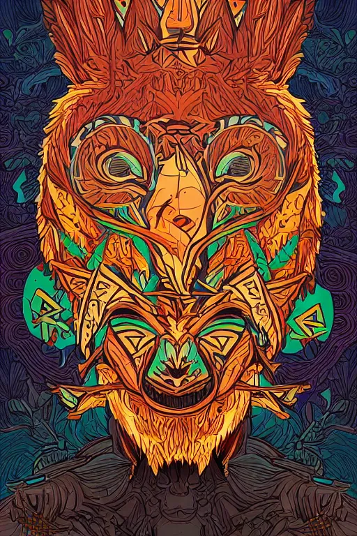 Image similar to animal mask totem roots flower tribal feather gemstone plant wood rock shaman vodoo video game vector cutout illustration vivid multicolor borderlands comics by josan gonzales and dan mumford radiating a glowing aura