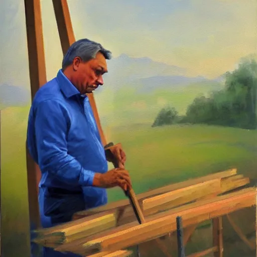 Prompt: viktor orban building a house, oil painting