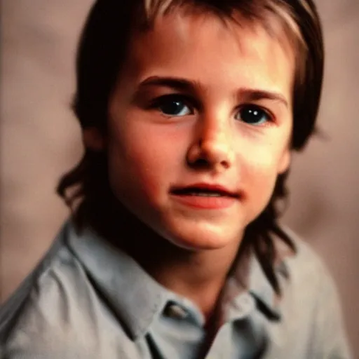 Prompt: a face portrait of tom cruise at 6 years old. photography.