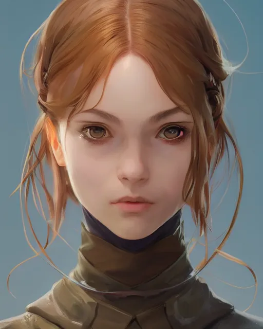 Image similar to potrait bust of young woman archer length light brown hair and hazel eyes, beautiful, symmetrical, anime, ilya kuvshinov, greg rutkowski, guweiz, ross tran, loish, svetlana tigai, artgerm, artstation trending, concept art, digital painting