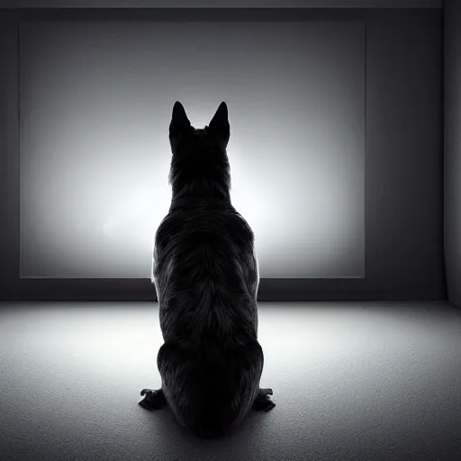 Image similar to barking angry dog looking at monitor photo dramatic lighting from behind