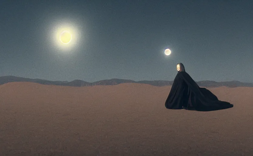 Prompt: levitating bene gesserit with white flowers and golden mask inside a thick black smoke in rocky desert landscape, solar eclipse in the sky, dry earth by gaspar noe and christopher doyle, anamorphic lens, anamorphic lens flares, kodakchrome, cinematic composition, practical effects, award winning photo, 8 k