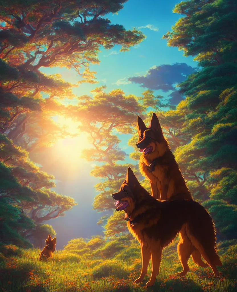 Prompt: beautiful painting from the anime film by studio ghibli, German Shepherd, golden hour, backlit, 8k octane 3D render, redwood forest and mystical ocean, fur, japanese popsurrealism by murakami