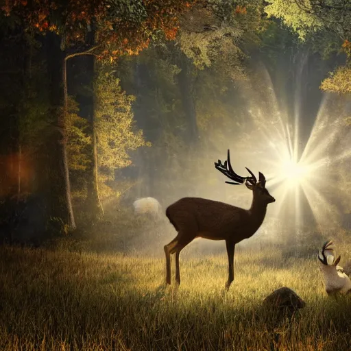 Image similar to A still of a deer exploding in slow motion, sparkles and sun rays, hyperrealistic, photo realistic, realistic, beautiful white lighting, in the middle of the day, hyperdetailed, very detailed