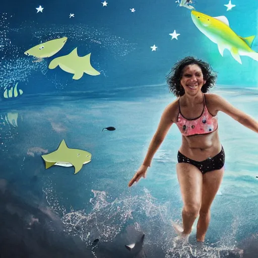 Image similar to digital art, trending on artstation, an athletic woman in her fifties with curly brown hair, swimming smiling in the middle of a rough sea surrounded by sharks, above her, in the night sky there is a star.