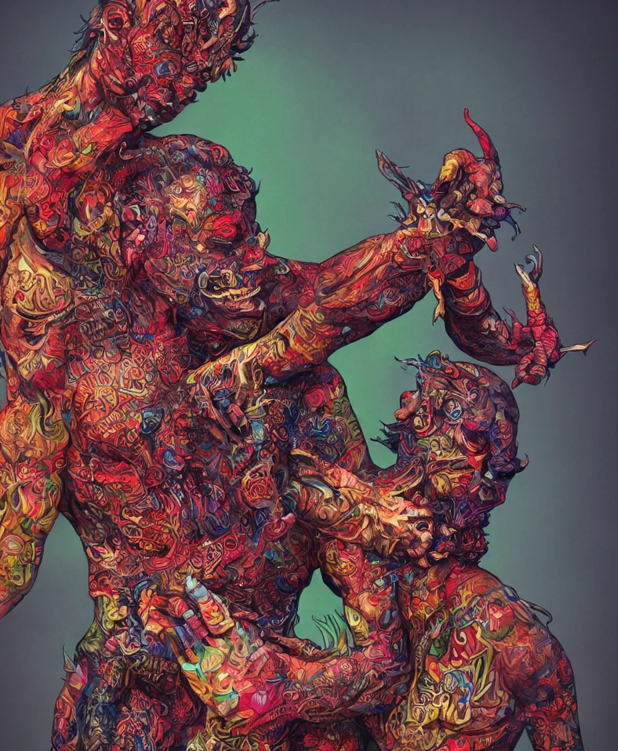 Prompt: devil holding a person, colorful, intricate, ultra detailed, photorealistic, trending on artstation