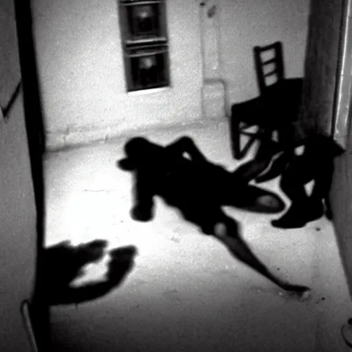 Prompt: creepy backrooms, creepy creature devouring the man on the floor, horror photo, photo from cctv footage, black and white
