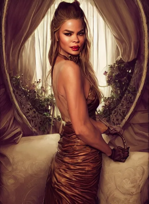 Prompt: sofia vergara as a heroine with a dress inspired by american horror story, digital painting, artstation, concept art, smooth, sharp focus, illustration, in - frame, centered, art by artgerm and donato giancola and joseph christian leyendecker, ross tran, wlop