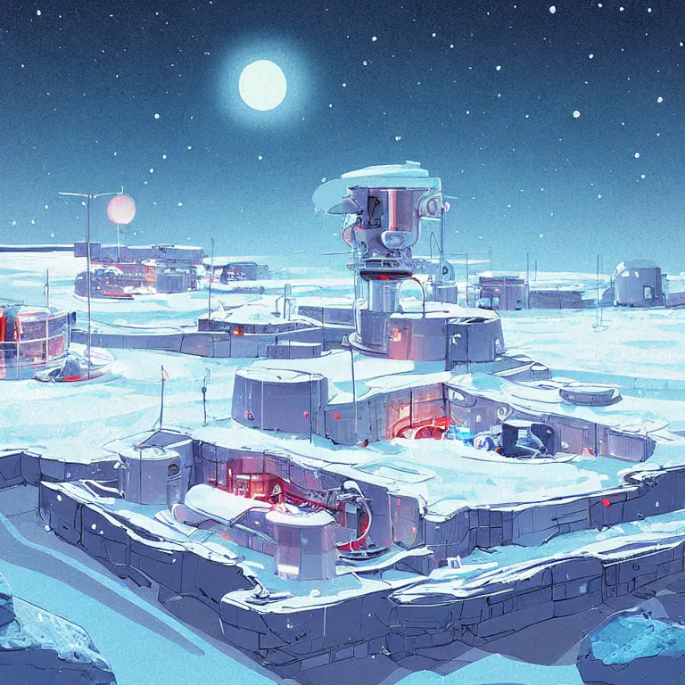 Image similar to A scientific base in north pole, cold, snowy, art by James Gilleard, James Gilleard artwork