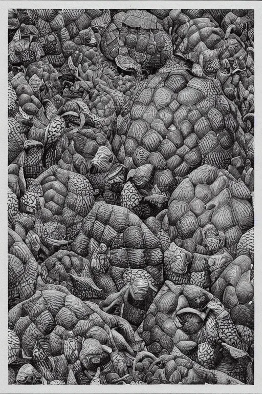 Image similar to “ menstruating tortoise, tessellation by mc escher, surrealist digital animation, ektachrome 1 0 0 ”