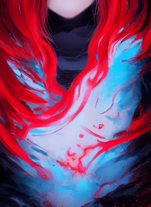 Image similar to red water swirling around rimuru tempest crying, enveloped in ghosts, sky blue straight hair, bangs, with amber eyes, black jacket, high collar, ultra fine detaile, dark theme, digital painting, psychedelic, cinematic, wlop, pixiv, ilya kuvshinov, ross tran