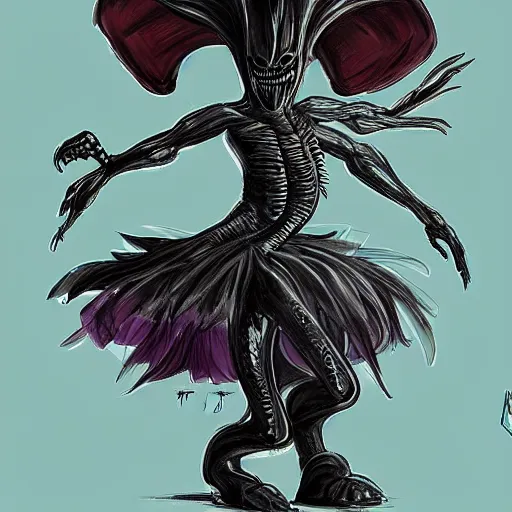 Prompt: a xenomorph wearing a tutu, concept art