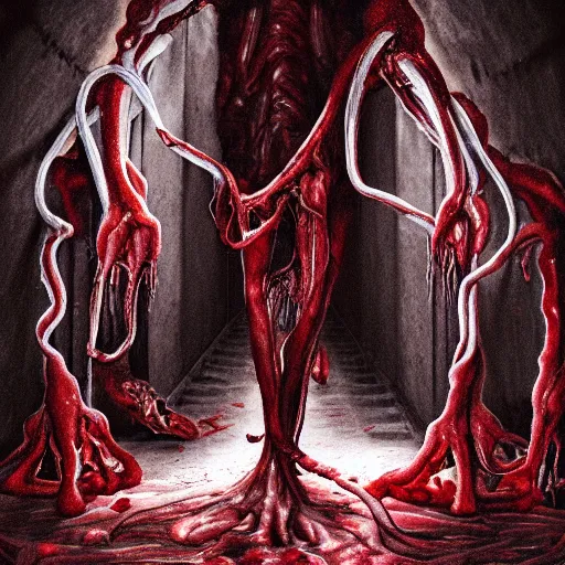 Prompt: a blood-oozing amorphous bloody meat blob composed of muscle, numerous limbs, countless human and animal skulls, and writhing tendrils made of muscles and tendons, lurking in the darkness in a dark corridor, cinematic, high-quality, in color