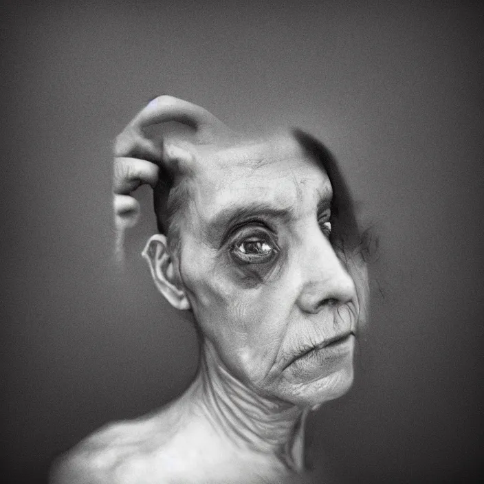 Prompt: unzipping top of head, by lee jeffries, gelatin silver process,