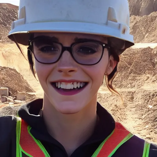 Image similar to photo, close up, emma watson in a hi vis vest, in dusty open pit mine, android cameraphone, 2 6 mm,