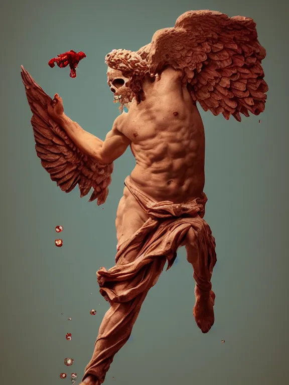 Prompt: a falling man in the form of a Greek sculpture Winged Victory of Samothrace with wings and skulls and bubbling red wax, super hero pose, skull, flowers, baroque. intricate. Trending on artstation. octane render, cinematic, hyper realism, octane render, 8k, depth of field, bokeh. iridescent accents. vibrant. teal and gold and red colour scheme