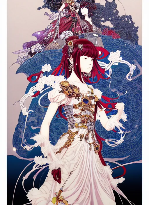 Image similar to artstation fantastic fate manga poster of princess mechine, takato yamamoto, long hair, art nouveau, armor, laces, ruffles, by katsuhiro otomo, shigenori soejima, minaba hideo, jump comics, fluorescent, illustration,, highly detailed, 8 k, maximalist,