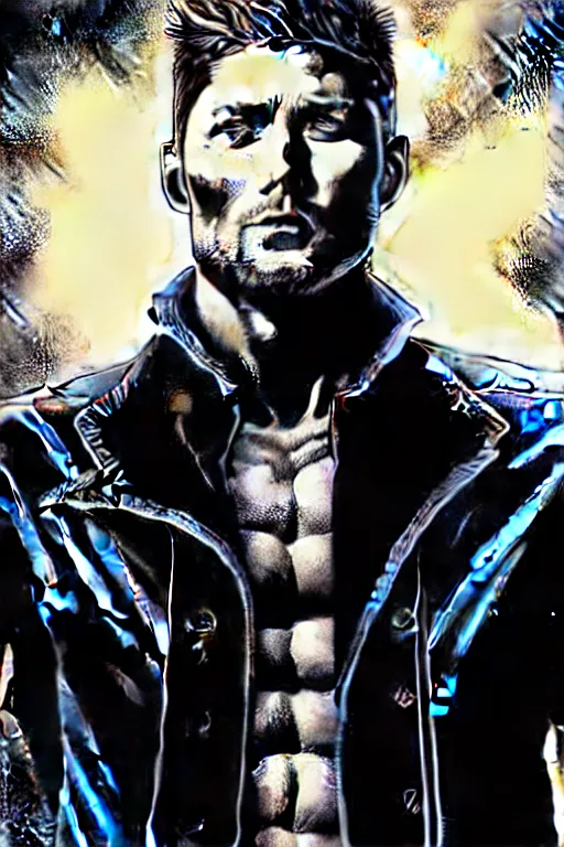 Image similar to A full body portrait of Jensen Ackles as a new antihero character with an angry face art by Jim Lee, detailed, mysterious