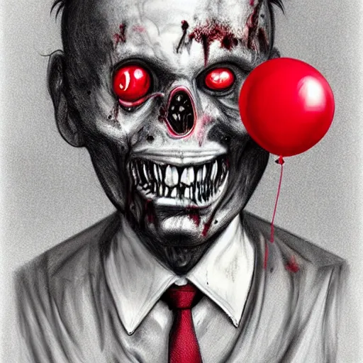 Prompt: surrealism grunge cartoon portrait sketch of a zombie with a wide smile and a red balloon by - michael karcz, loony toons style, mad max style, horror theme, detailed, elegant, intricate