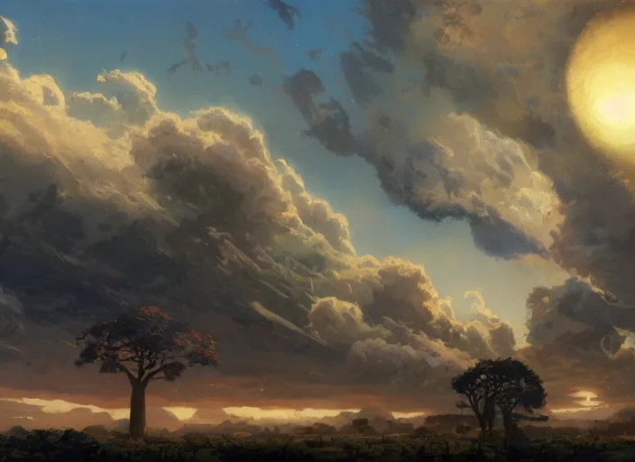 Image similar to 5 0 s pulp scifi illustration, english countryside, baobab trees in distance, storm clouds on horizon, by wadim kashin, morgan weistling, earle bergey, tyler edlin, alex schomburg, allen anderston, basil gogos, carl spitzweg