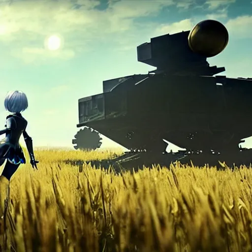 Image similar to a high resolution image from nier : automata, featuring 9 s android fighting an armoured vehicles column in yellow rye field under pure blue skies