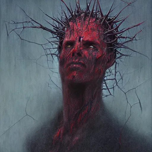 Image similar to portrait of demonic Tom Cruise in hood and crown of thorns, dark fantasy, Warhammer, artstation painted by Zdislav Beksinski and Wayne Barlowe