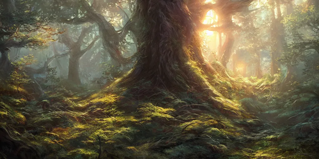 Image similar to a forest, highly detailed oil painting, hyperrealistic, gorgeous lighting, Studio Ghibli, Jessica Rossier, digital art, octane render, beautiful composition, trending on artstation, masterpiece