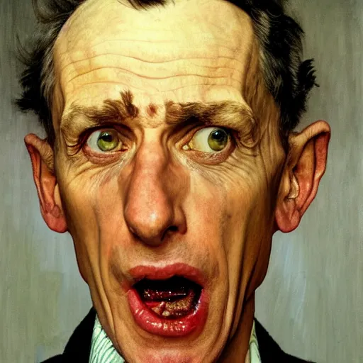 Prompt: high quality high detail painting by norman rockwell and lucian freud, hd, portrait of a dangerous psychopath, intense demonic look in the eyes, photorealistic lighting