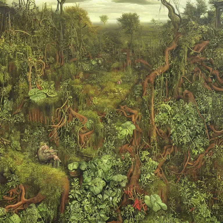 Prompt: Apocalypse with vegetation, leaves, creepers, ivy, ferns taking over the industrial, toxic, machinery, cities. Painting by Lucas Cranach, Wayne Barlowe