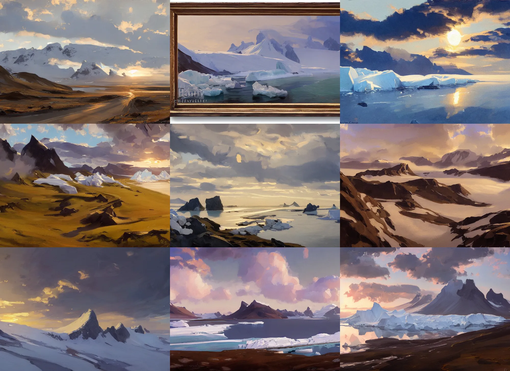 Prompt: painting by sargent leyendecker and gurney, rhads, vasnetsov, savrasov levitan polenov, middle ages, sunset sinrise, above the layered low clouds travel path road to sea bay view photo of greenland and iceland glacier and icebergs overcast sharpen details digital speedpaint