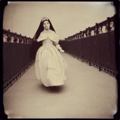 Prompt: “Anne Boleyn running away from the executioner, polaroid photo”