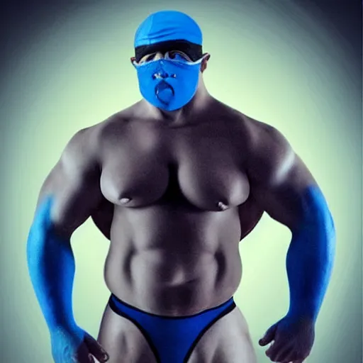 Image similar to muscular wrestler, bald, eyepatch, blue mask covering mouth, realistic,