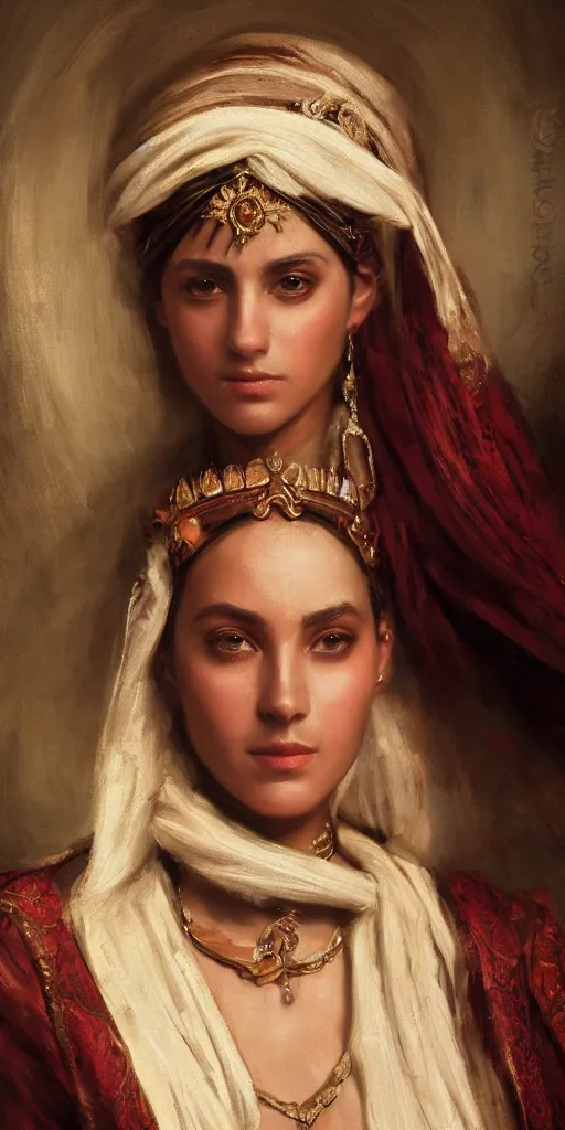 Image similar to Highly detailed and cinematic romantic period oil painting of an Arabian princess face portrait, an oil painting ((masterpiece)) by ((Josep Tapiró Baró)), RPG portrait, dynamic lighting, 8K