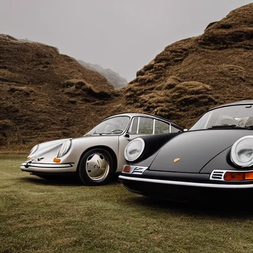 Prompt: a collection of classic porsche parked in a secret cave, moody photo,