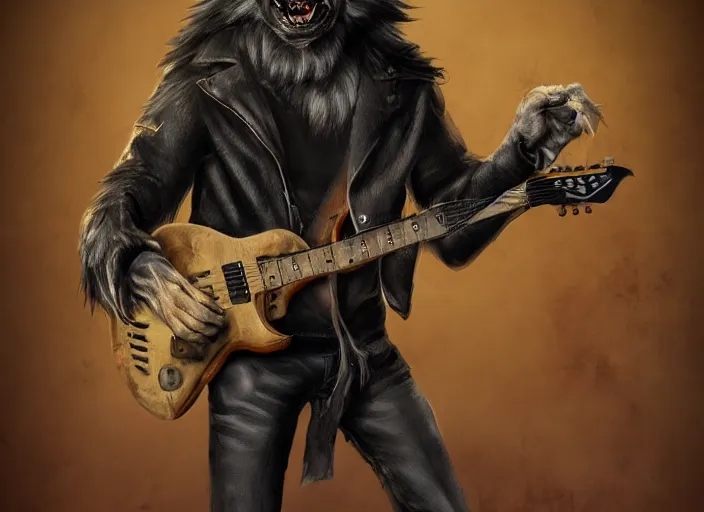 Prompt: werewolf rockstar, leather jacket, electric guitar, matte painting, artstation