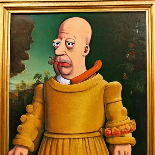 Image similar to vividly colorful oil painting portrait of Homer Simpson wearing aristocratic dress in the style of Cranach the Younger