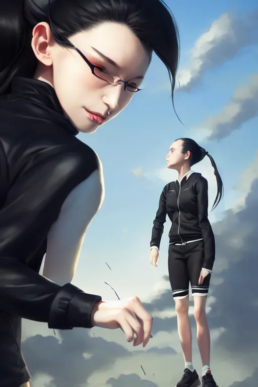 Image similar to black ponytail hair, pale woman in a black unzipped jacket, black shorts, by artgerm, beautiful render, matte painting, realistic, dynamic angle, wlop, loish, octane render, sharp focus, decadent, by greg rutkowski makoto shinkai