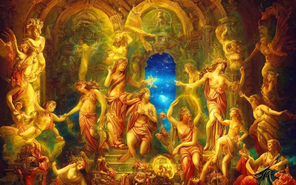 Image similar to holy deva altar of inspiration glowing Greek muses, divine inspiration (hubris) lunar mythos, award winning oil painting, chromatic aberration bright sharp color palette