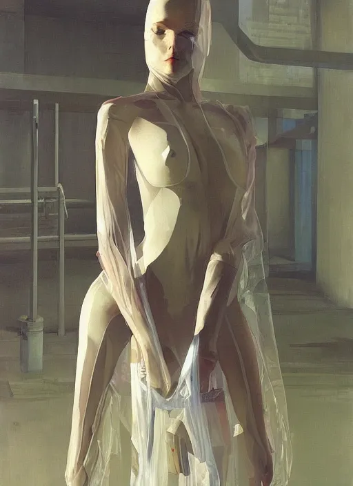 Prompt: beautiful cyberpunk woman in a translucent clothing made from plastic bag with paper bags for clothes standing inside paper bags with paper bag over the head at store display Edward Hopper and James Gilleard, Zdzislaw Beksinski, highly detailed
