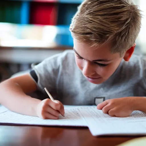 Prompt: boy with blonde hair doing homework