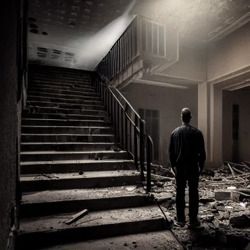 Image similar to A mysterious man standing in the middle of a stair hallway looking in the direction of the camera, the man is using a flashlight in a City in ruins with trees growing from the destroyed buildings :: apocalyptic, gloomy, desolate :: long shot, low angle, dramatic backlighting, symmetrical photography :: cinematic shot, highly detailed