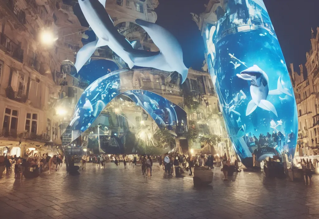 Image similar to 3 d 🦈 popping out of curved screen, town square, volumetric lighting, shot on 7 0 mm, instax