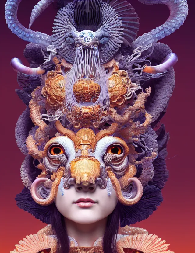 Image similar to 3 d goddess close - up frontal portrait with ram skull. beautiful intricately detailed japanese crow kitsune mask and clasical japanese kimono. betta fish, jellyfish phoenix, bio luminescent, plasma, ice, water, wind, creature, artwork by tooth wu and wlop and beeple and greg rutkowski