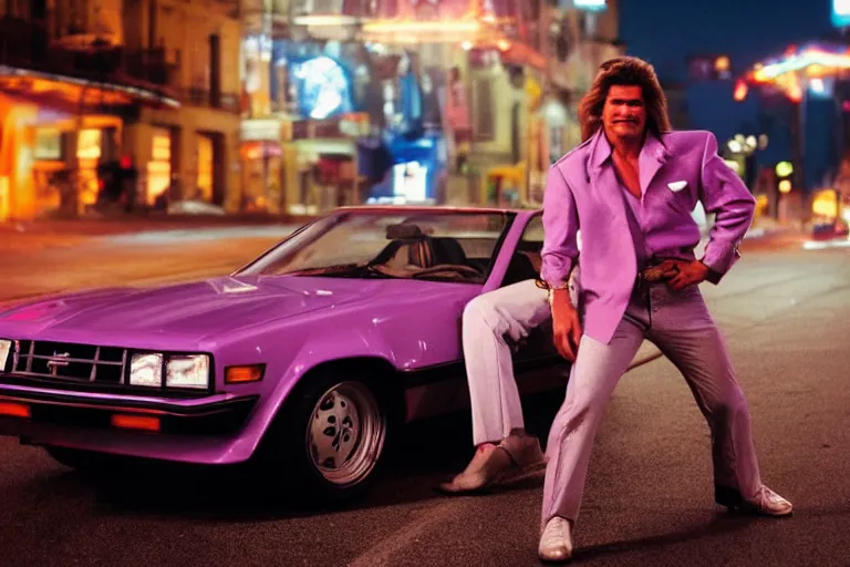 Image similar to 80s dressed Kurt Russel posing and in the background there two 80s sports cars parked on a deserted city street at night time, purple lighted street, wide angle, cinematic, retro-wave vibes, grainy, soft motion blur